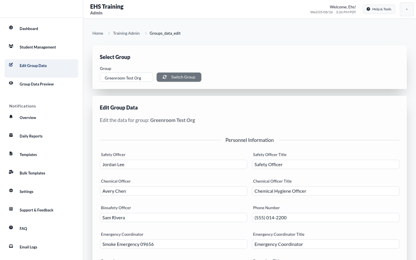 Real Edit Group Data form (personnel section)
