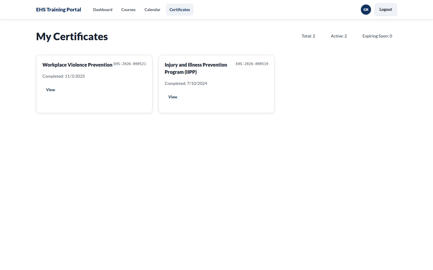 Certificates screen for a student demo account