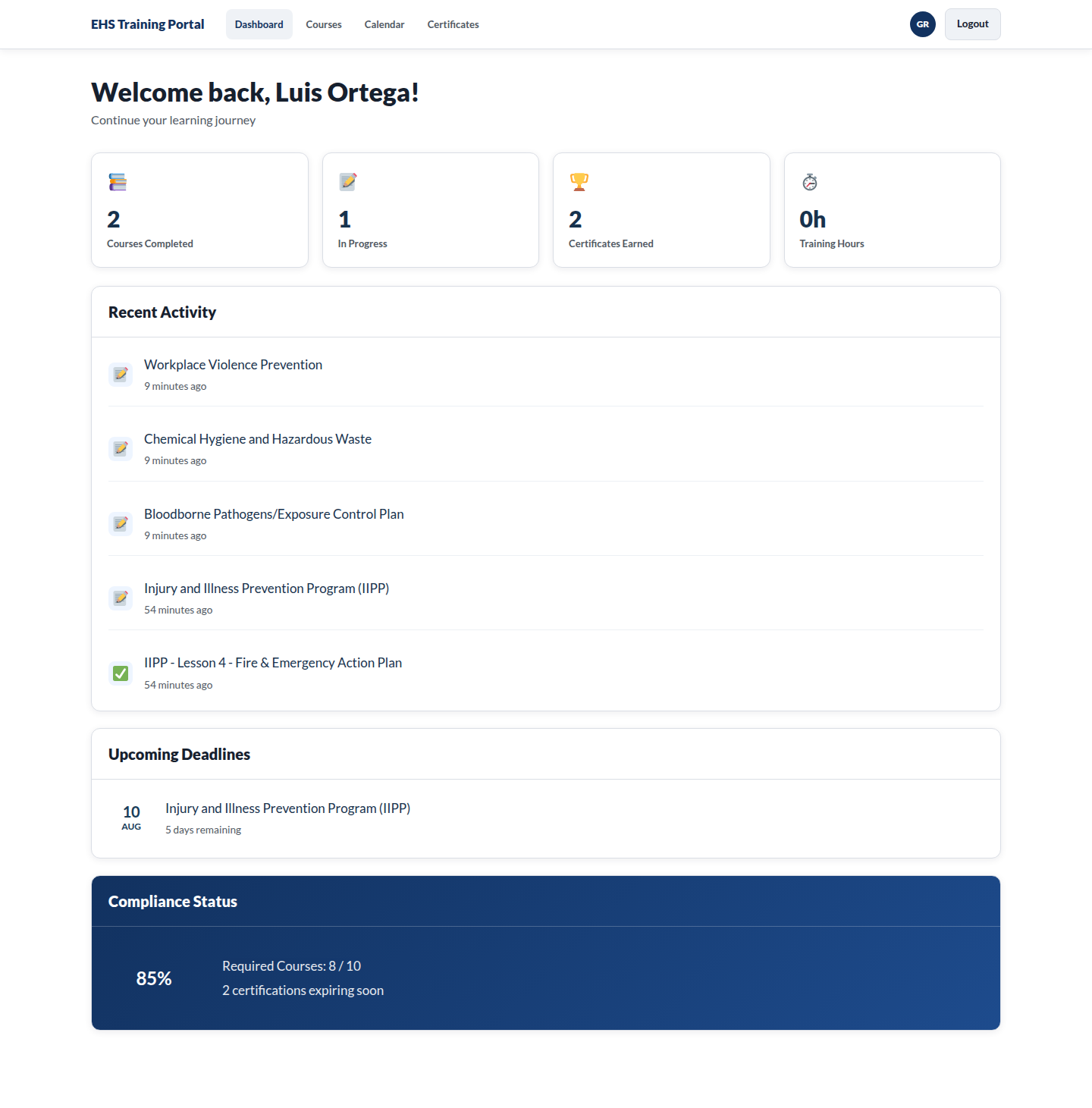 Luis Ortega student dashboard on the public sandbox