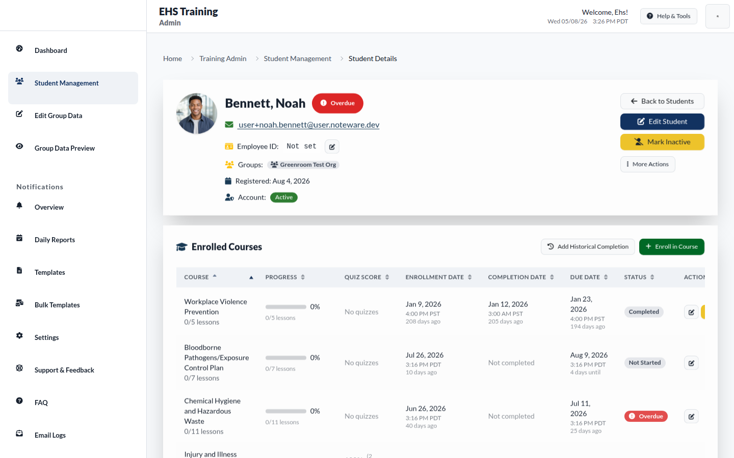 Noah Bennett detail header with photo and status