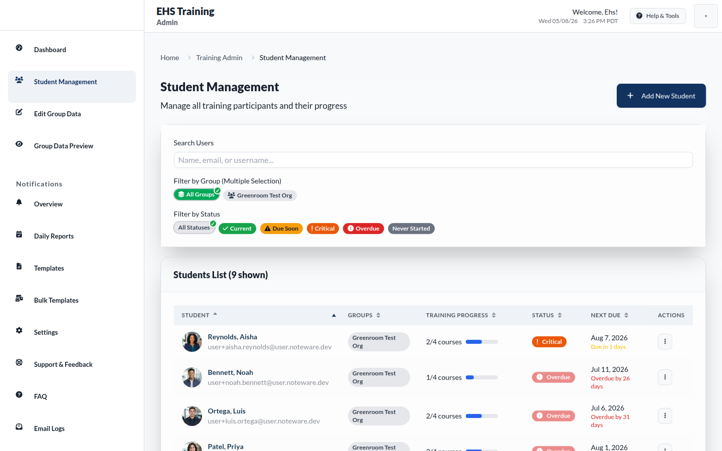 Student Management with Greenroom demo users and real photos